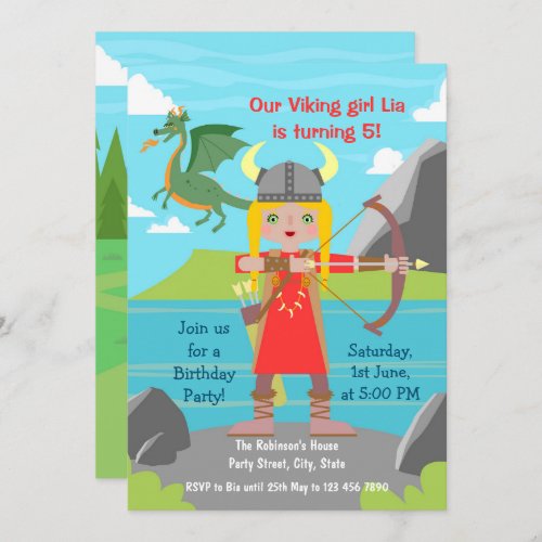 Viking Girl with dragon Birthday Party  Invitation