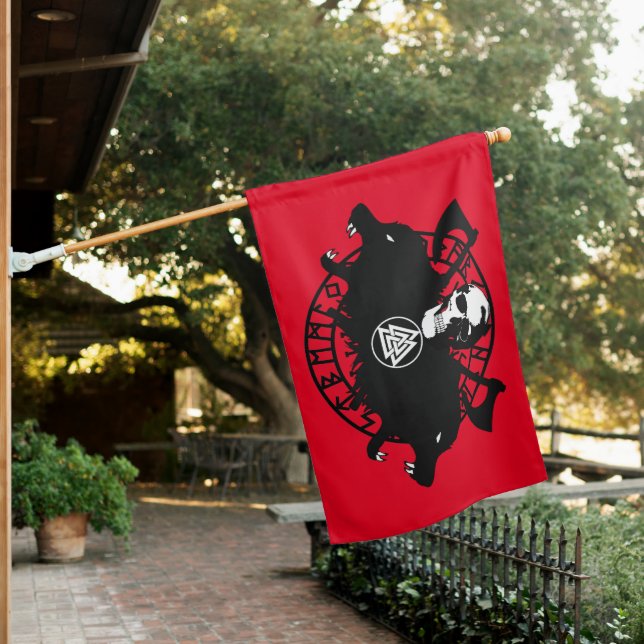 Viking Inspired Wolf design House Flag (In SItu)