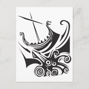 viking longship and kraken Postcard