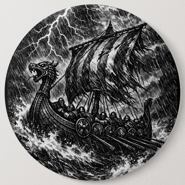 Viking Longship in the Storm — Ink Saga Art Button (Front)