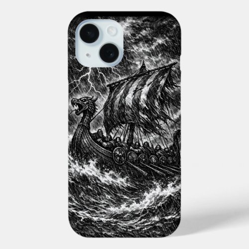 Viking Longship in the Storm — Ink Saga Art iPhone 15 Case