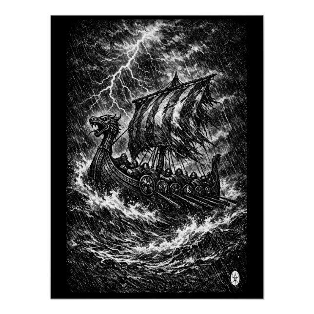 Viking Longship in the Storm — Ink Saga Art Poster (Front)