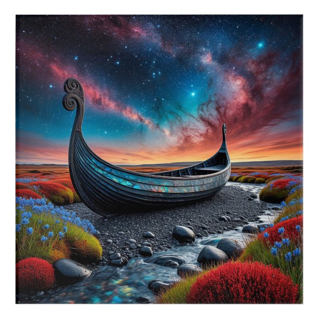 Viking Longship on a Vibrant Landscape Acrylic Print (Front)