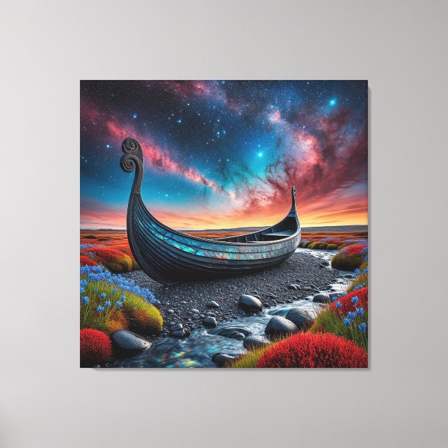 Viking Longship on a Vibrant Landscape Canvas Print (Front)