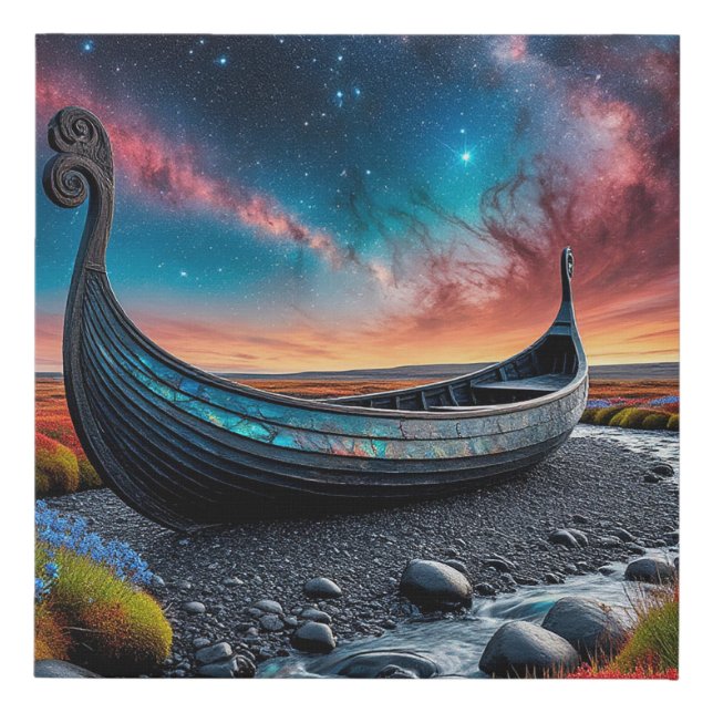 Viking Longship on a Vibrant Landscape Faux Canvas Print (Front)