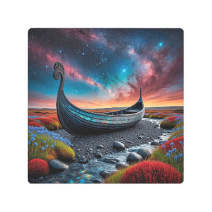 Viking Longship on a Vibrant Landscape Metal Print