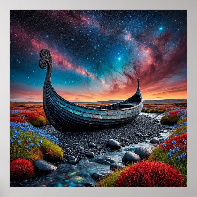 Viking Longship on a Vibrant Landscape Poster (Front)