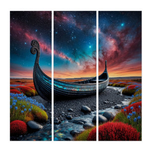 Viking Longship on a Vibrant Landscape Triptych