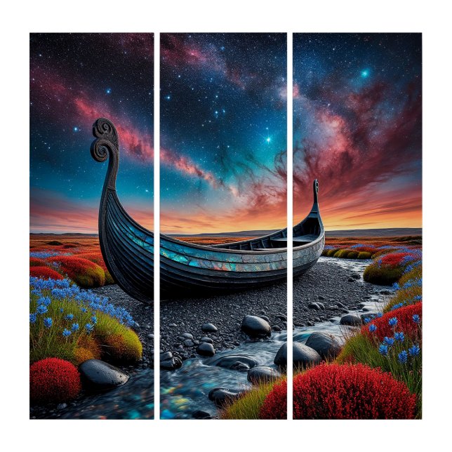 Viking Longship on a Vibrant Landscape Triptych (Front)