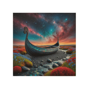 Viking Longship on a Vibrant Landscape Wood Wall Art