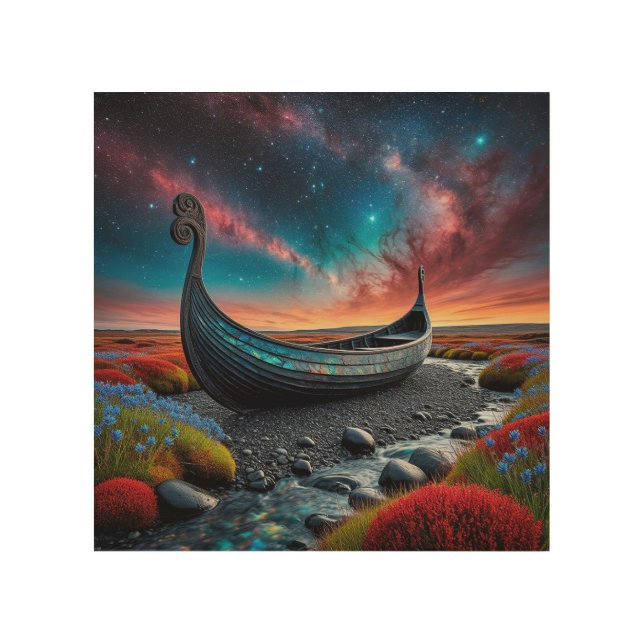 Viking Longship on a Vibrant Landscape Wood Wall Art (Front)