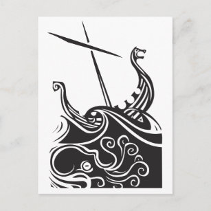 Viking Longship with Kraken on stormy sea. Postcard