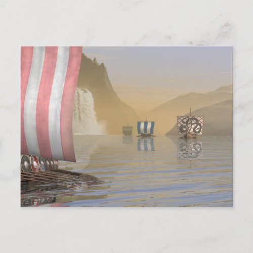 Viking Longships in a Norwegian Fjord Postcard