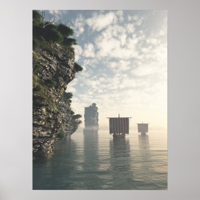 Viking Longships in Unknown Waters Poster (Front)