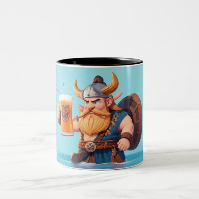 Viking Man Driking Beer Two-Tone Coffee Mug (Center)