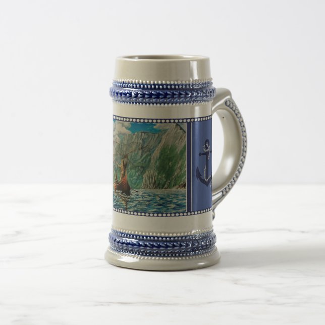 Viking men fishing in ship, shipman's anchor beer stein (Front Right)