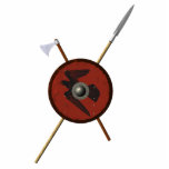Viking Raven Shield And Weapons Cutout<br><div class="desc">A 3D rendering of a Viking shield along with a battle ax and spear. The shield is decorated with a black raven (Corvus corax) painted on red leather. Add your own text. The methods and materials used in the construction of Viking shields varied with place and time. This reconstruction is...</div>