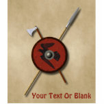 Viking Raven Shield And Weapons Cutout<br><div class="desc">A 3D rendering of a Viking shield along with a battle ax and spear superimposed on an old paper or parchment background image. The shield is decorated with a black raven (Corvus corax) painted on red leather. Add your own text. The methods and materials used in the construction of Viking...</div>