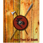 Viking Raven Shield And Weapons Cutout<br><div class="desc">A 3D rendering of a Viking shield along with a battle ax and spear hanging on a rough wooden plank surface, perhaps the interior wall of a longhouse. The shield is decorated with a black raven (Corvus corax) painted on red leather. Add your own text. The methods and materials used...</div>