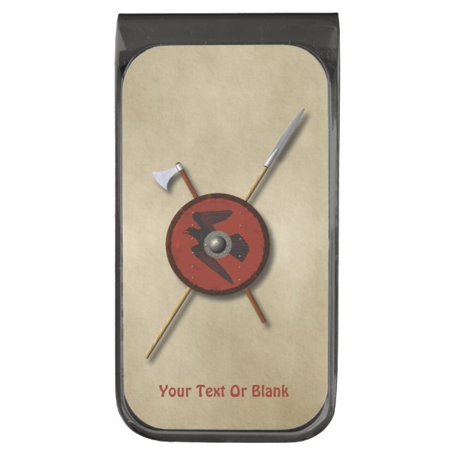 Viking Raven Shield And Weapons Gunmetal Finish Money Clip (Front Vertical)