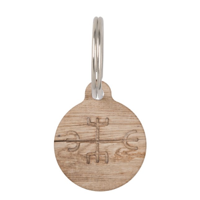 Viking rune on cracked wood pet ID tag (Front)