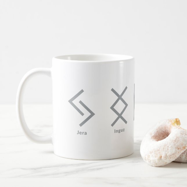 Viking Runes Norse Mythology Gray Geometric Coffee Mug (With Donut)
