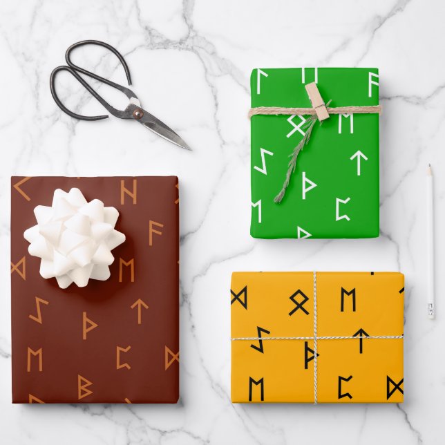Viking Runes on Brown, Yellow, Green Background Wrapping Paper Sheets (Front)