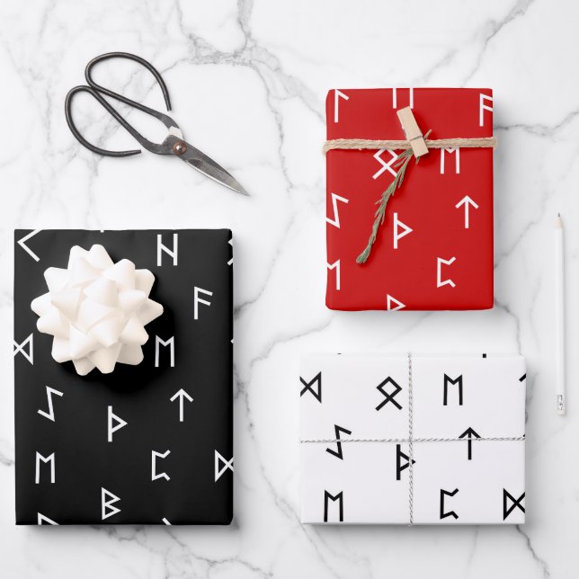 Viking Runes on Red, Black, White Background Wrapping Paper Sheets (Front)