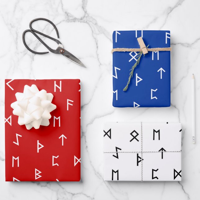 Viking Runes Pattern on Red, Blue,White Background Wrapping Paper Sheets (Front)