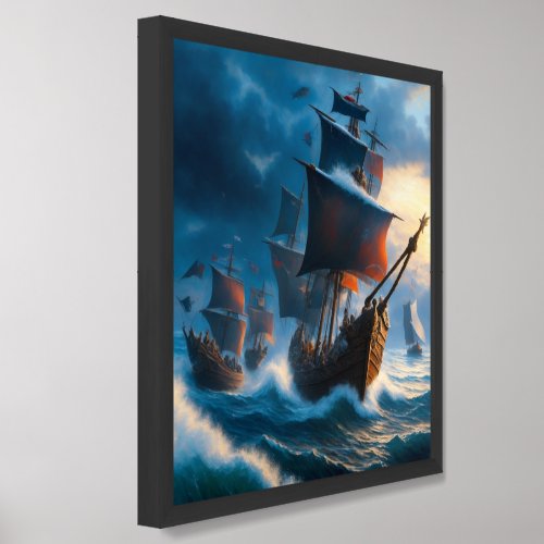 Viking Seascape Saga Captivating Oil on Canvas Framed Art