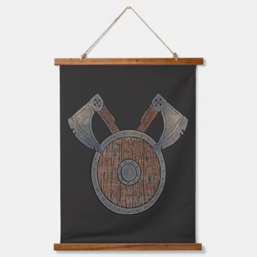 Viking Shield  Axes Wood Topped Wall Tapestry