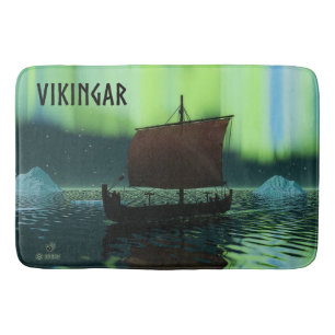 Viking Ship And Northern Lights Bath Mat