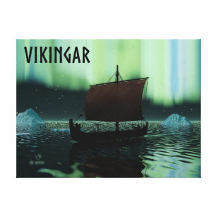 Viking Ship And Northern Lights Canvas Print