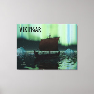 Viking Ship And Northern Lights Canvas Print