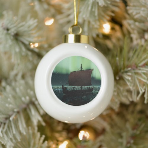 Viking Ship And Northern Lights Ceramic Ball Christmas Ornament