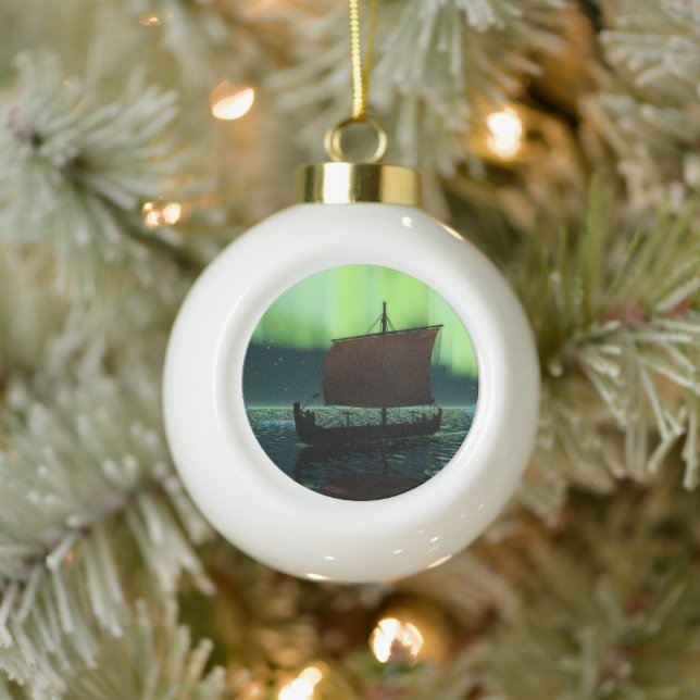 Viking Ship And Northern Lights Ceramic Ball Christmas Ornament (Tree)