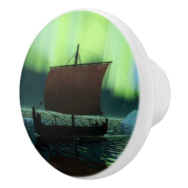 Viking Ship And Northern Lights Ceramic Knob (Right)