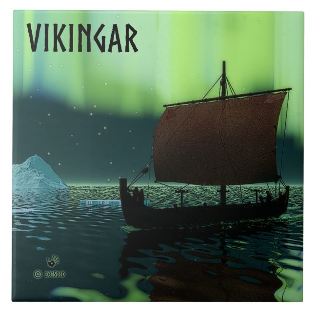 Viking Ship And Northern Lights Ceramic Tile (Front)