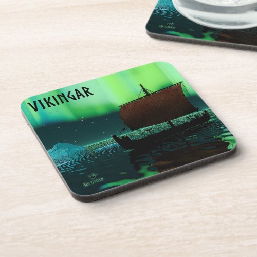 Viking Ship And Northern Lights Drink Coaster