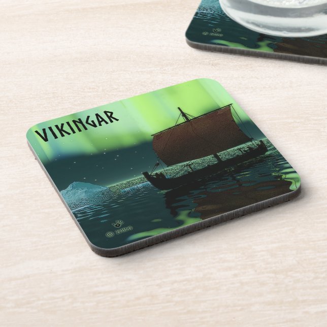 Viking Ship And Northern Lights Drink Coaster (Left Side)