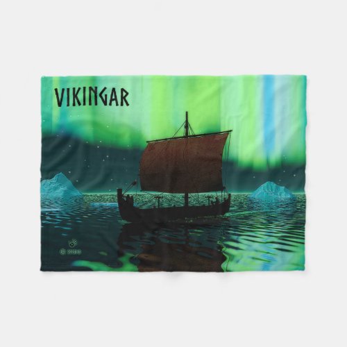 Viking Ship And Northern Lights Fleece Blanket