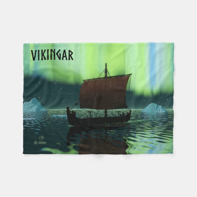 Viking Ship And Northern Lights Fleece Blanket (Front (Horizontal))