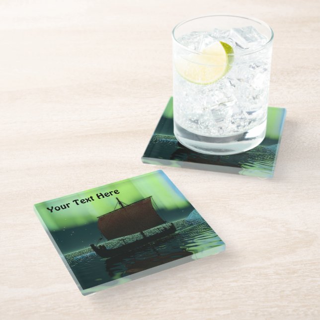 Viking Ship And Northern Lights Glass Coaster (Angled)