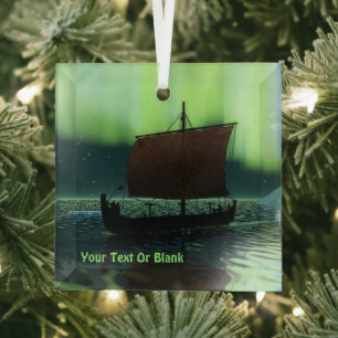 Viking Ship And Northern Lights Glass Ornament