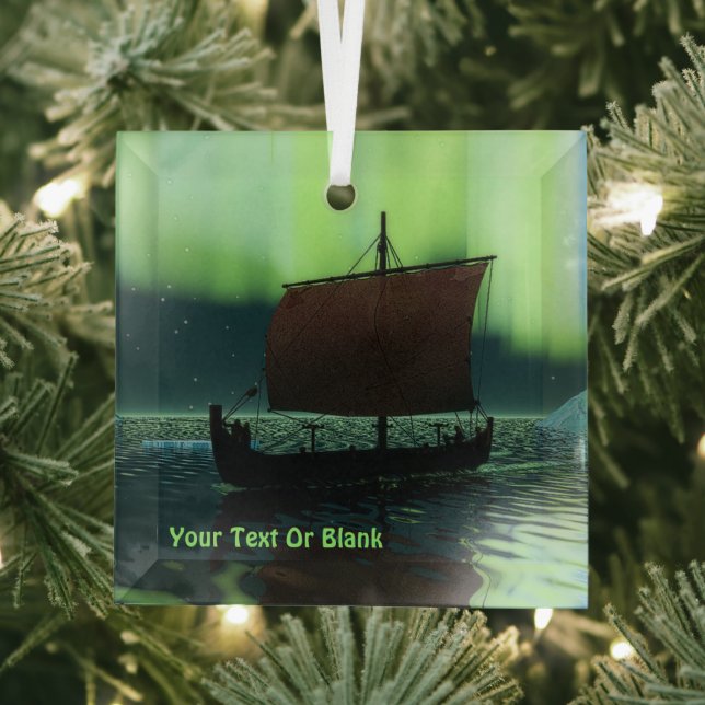 Viking Ship And Northern Lights Glass Ornament (Insitu)