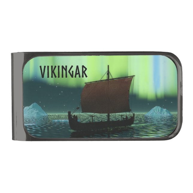 Viking Ship And Northern Lights Gunmetal Finish Money Clip (Front)