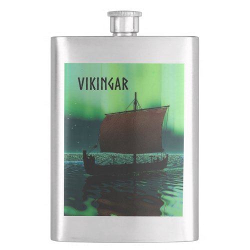 Viking Ship And Northern Lights Hip Flask