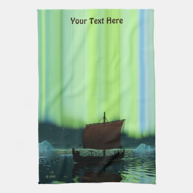 Viking Ship And Northern Lights Kitchen Towel (Vertical)