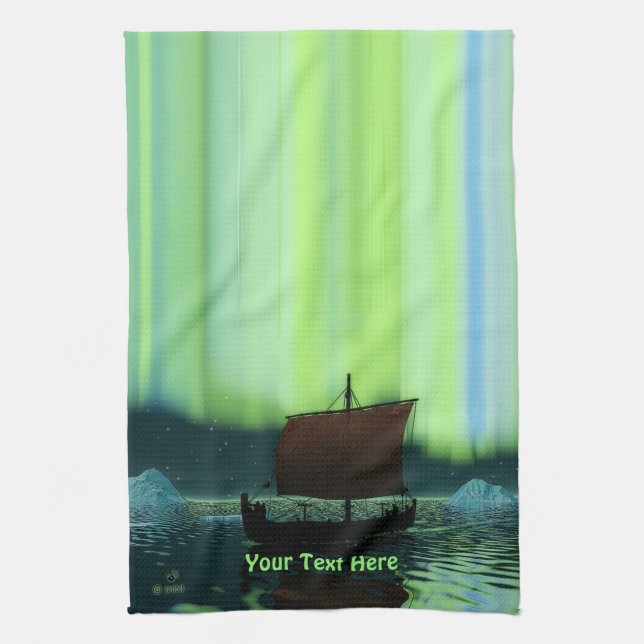 Viking Ship And Northern Lights Kitchen Towel (Vertical)