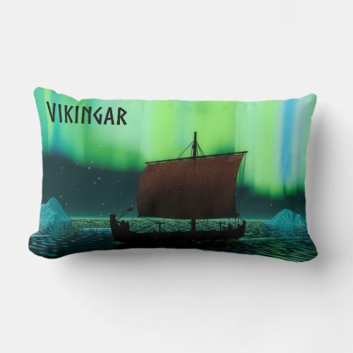 Viking Ship And Northern Lights Lumbar Pillow